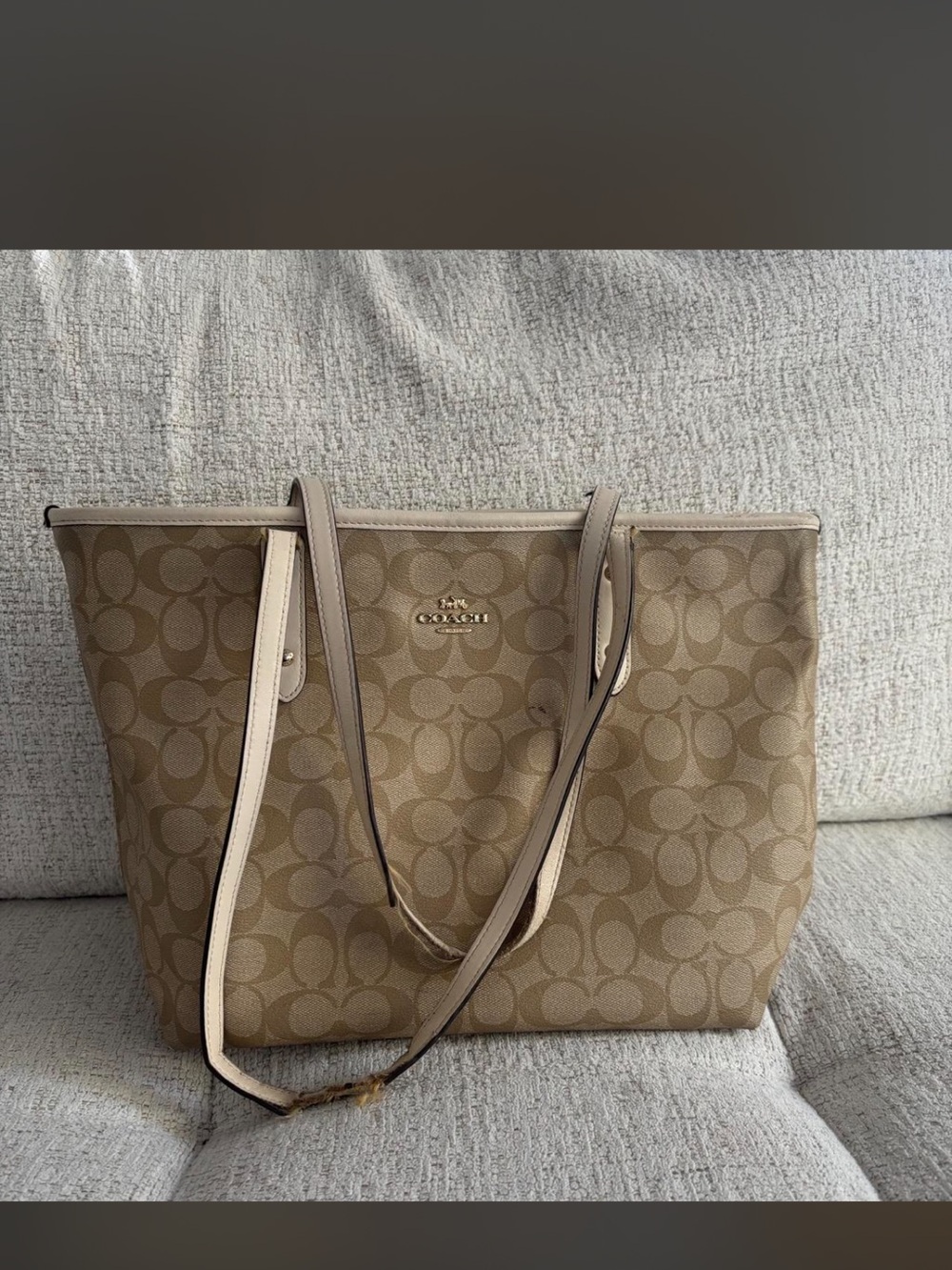 Coach Tan Signature Canvas Tote with Cream Trim khaki tote bag authentic USED